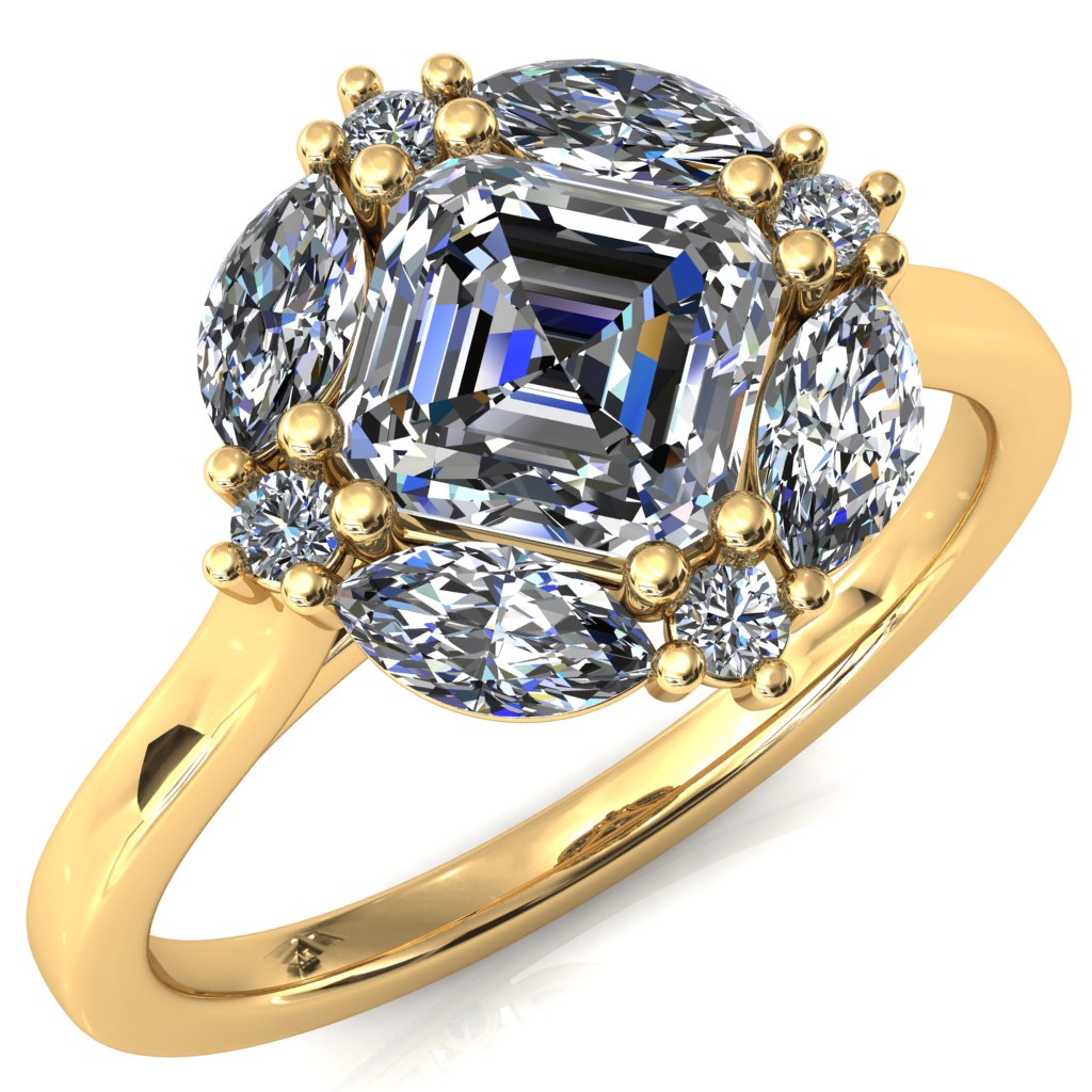 Jace Asscher Center with Marquise & Round Floating Cluster Lab DIamond Halo Royale Ring