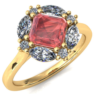 Jace Asscher Center with Marquise & Round Floating Cluster Lab DIamond Halo Royale Ring