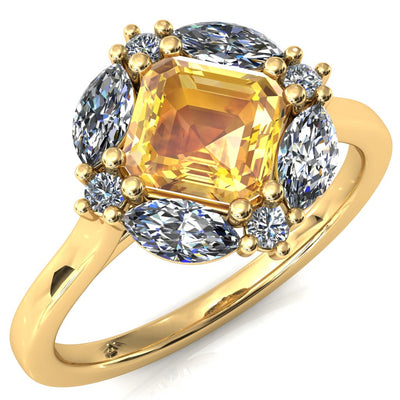 Jace Asscher Center with Marquise & Round Floating Cluster Lab DIamond Halo Royale Ring