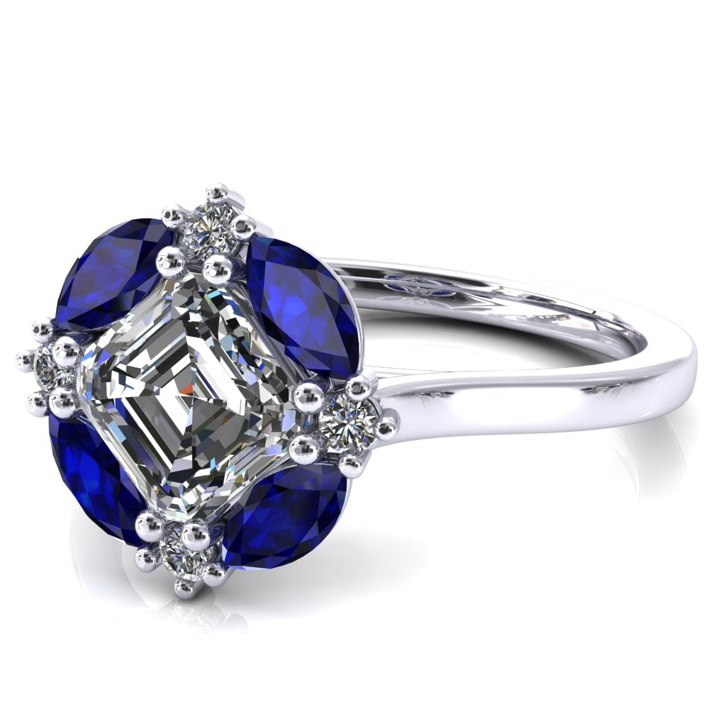 Jace Asscher Center with Colored Stone Marquise & Round Floating Cluster Halo Royale Ring