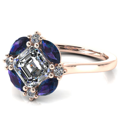 Jace Asscher Center with Colored Stone Marquise & Round Floating Cluster Halo Royale Ring