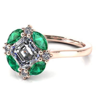 Jace Asscher Center with Colored Stone Marquise & Round Floating Cluster Halo Royale Ring