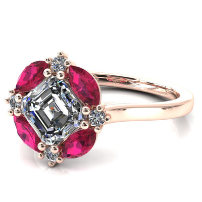 Jace Asscher Center with Colored Stone Marquise & Round Floating Cluster Halo Royale Ring