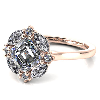 Jace Asscher Center with Colored Stone Marquise & Round Floating Cluster Halo Royale Ring