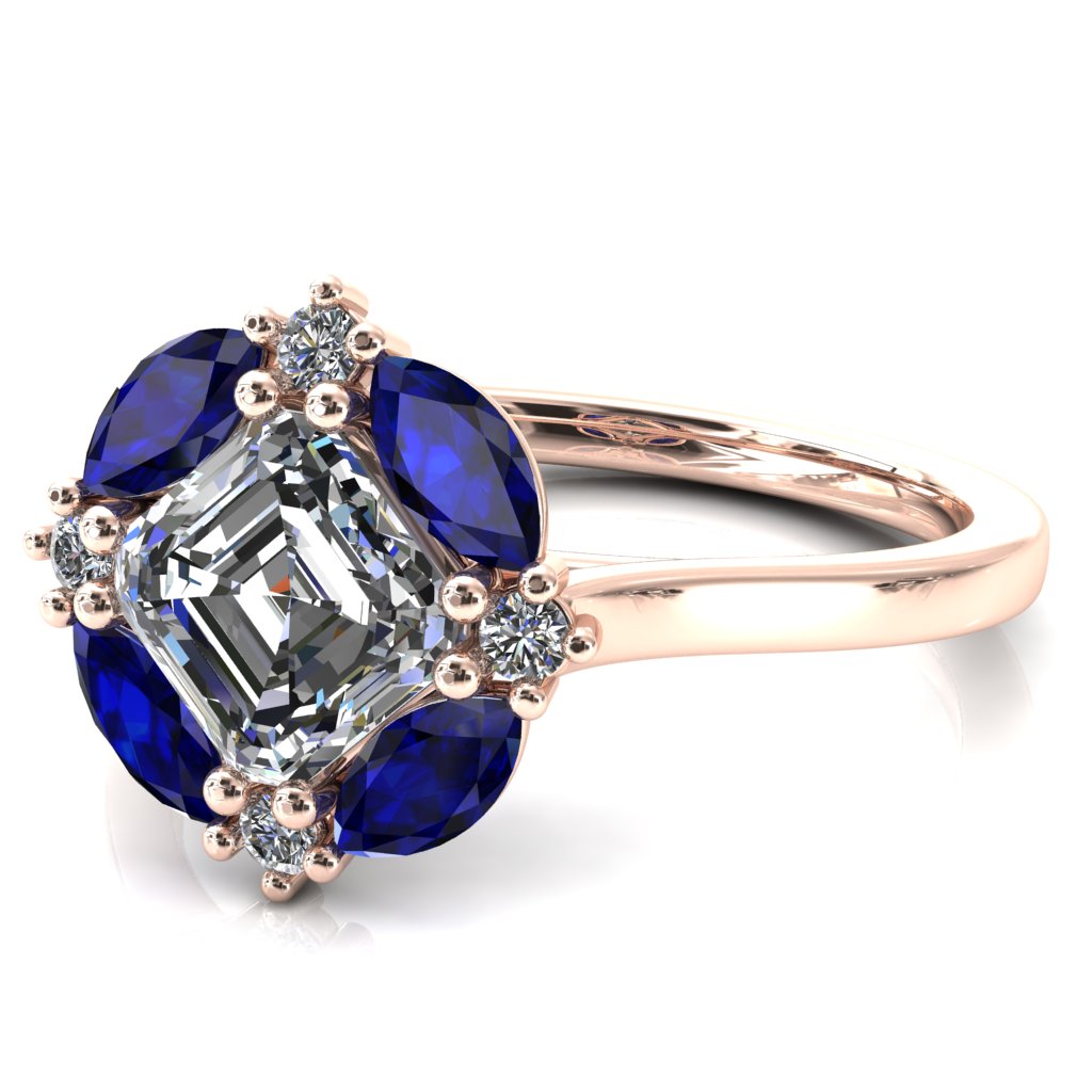 Jace Asscher Center with Colored Stone Marquise & Round Floating Cluster Halo Royale Ring