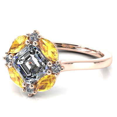 Jace Asscher Center with Colored Stone Marquise & Round Floating Cluster Halo Royale Ring