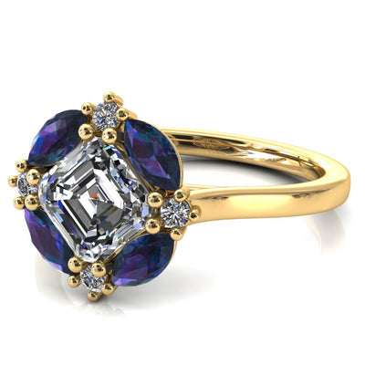 Jace Asscher Center with Colored Stone Marquise & Round Floating Cluster Halo Royale Ring