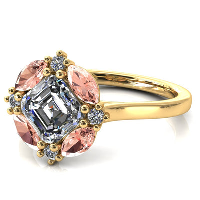 Jace Asscher Center with Colored Stone Marquise & Round Floating Cluster Halo Royale Ring