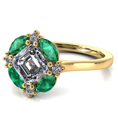 Jace Asscher Center with Colored Stone Marquise & Round Floating Cluster Halo Royale Ring