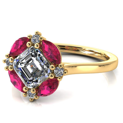 Jace Asscher Center with Colored Stone Marquise & Round Floating Cluster Halo Royale Ring