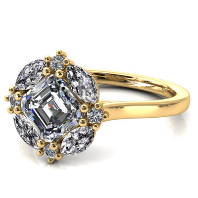 Jace Asscher Center with Colored Stone Marquise & Round Floating Cluster Halo Royale Ring