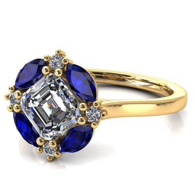 Jace Asscher Center with Colored Stone Marquise & Round Floating Cluster Halo Royale Ring