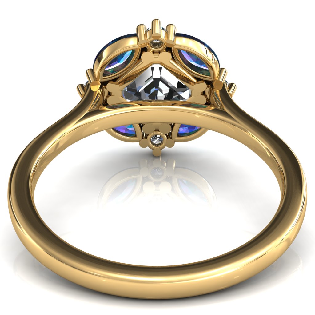 Jace Asscher Center with Colored Stone Marquise & Round Floating Cluster Halo Royale Ring