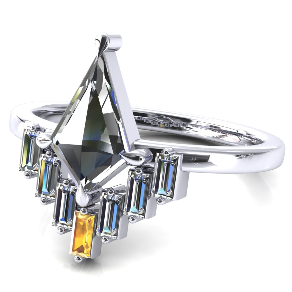 Jesse Kite Center 4 Claw Prong Baguette Diamonds & Lab-Grown Gems Radiating Halo Engagement Ring