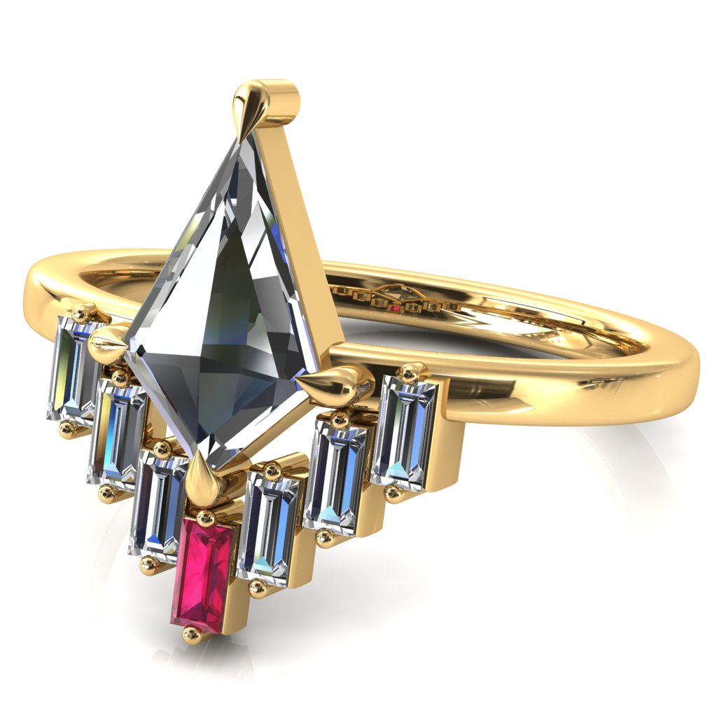 Jesse Kite Center 4 Claw Prong Baguette Diamonds & Lab-Grown Gems Radiating Halo Engagement Ring