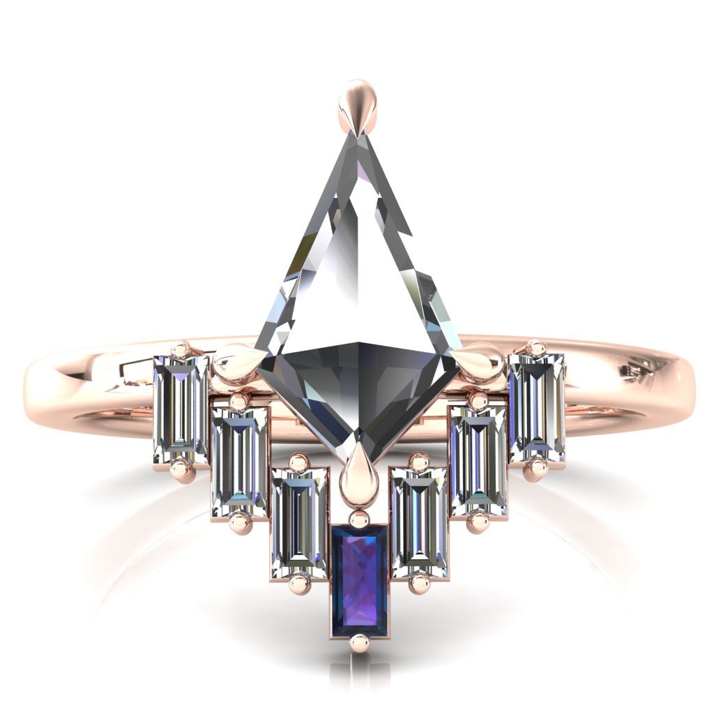 Jesse Kite Center 4 Claw Prong Baguette Diamonds & Lab-Grown Gems Radiating Halo Engagement Ring