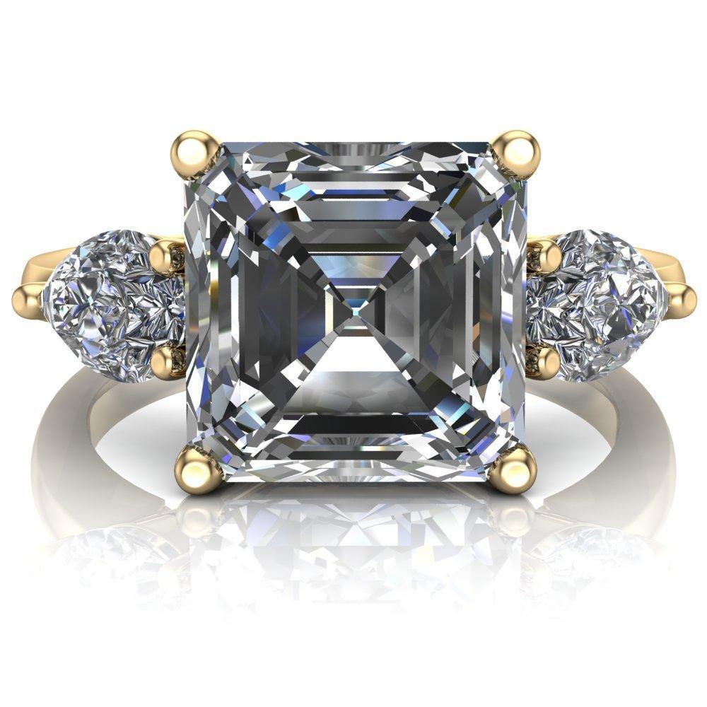 Monteith 7mm or 1.75 Cts DEW Asscher Center Stone Moissanite 4 Prong Pear Side Engagement 14K Yellow Gold Ring
