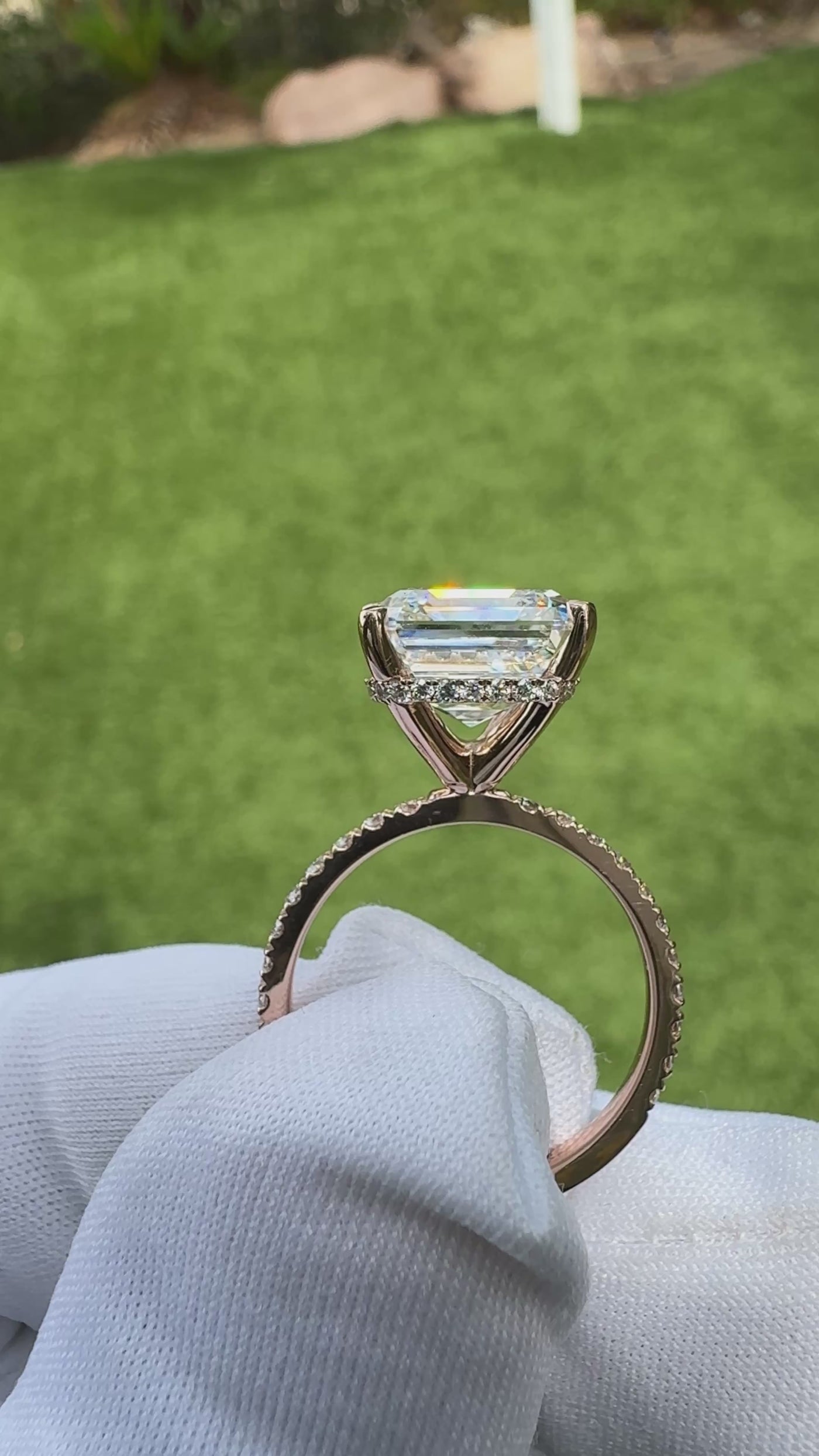Sicili Asscher Moissanite 4 Prong 3/4 Micro Pave Diamond Engagement Ring