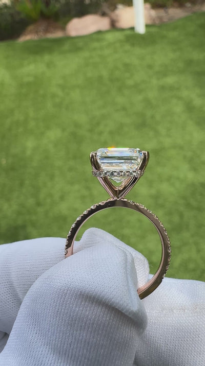 Sicili Asscher Moissanite 4 Prong 3/4 Micro Pave Diamond Engagement Ring