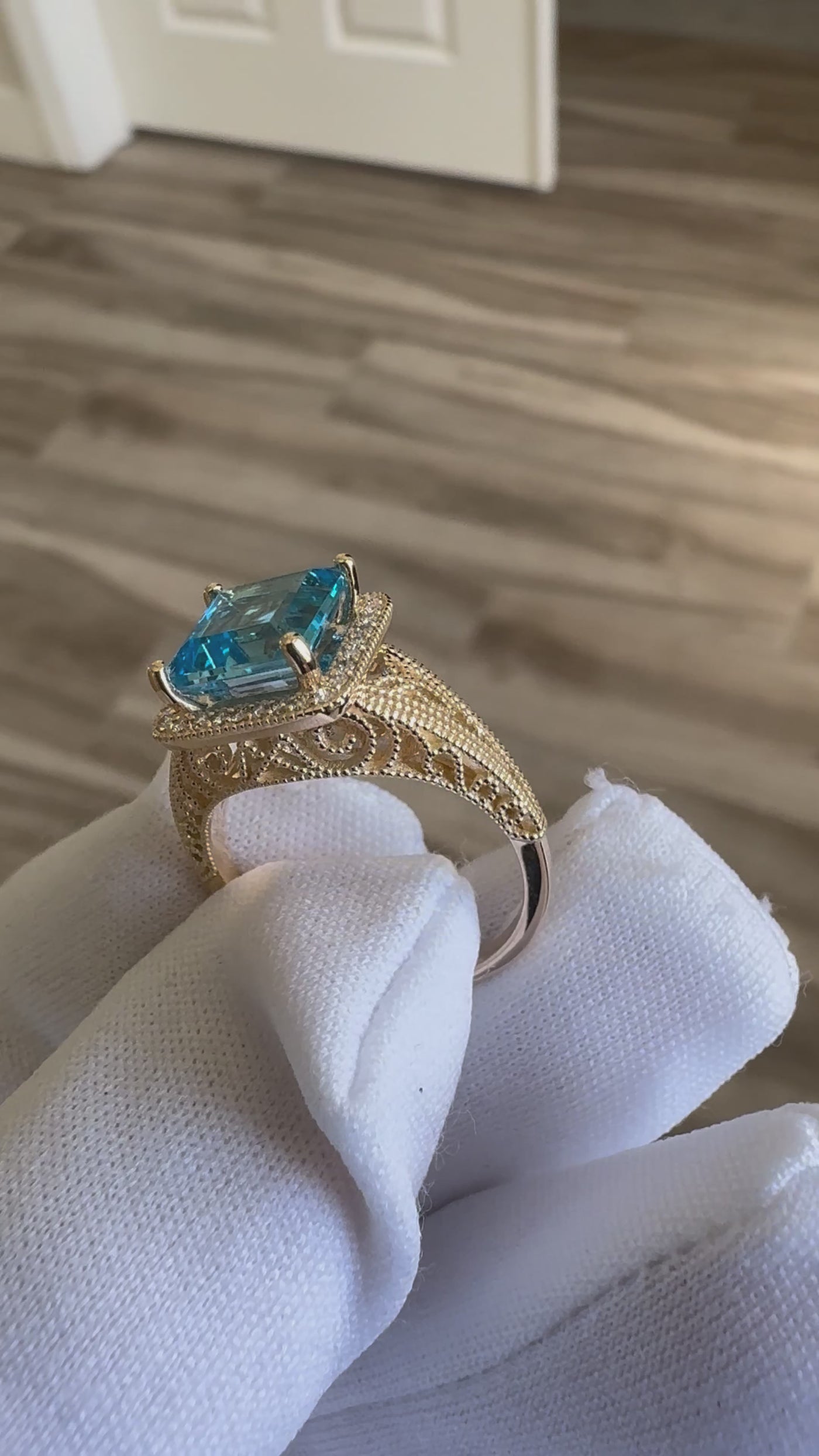 Natural Square Cut Blue Topaz 14k Solid Yellow Gold Exquisite Diamond Filigree Design Setting 3.6 Carat Total Weight
