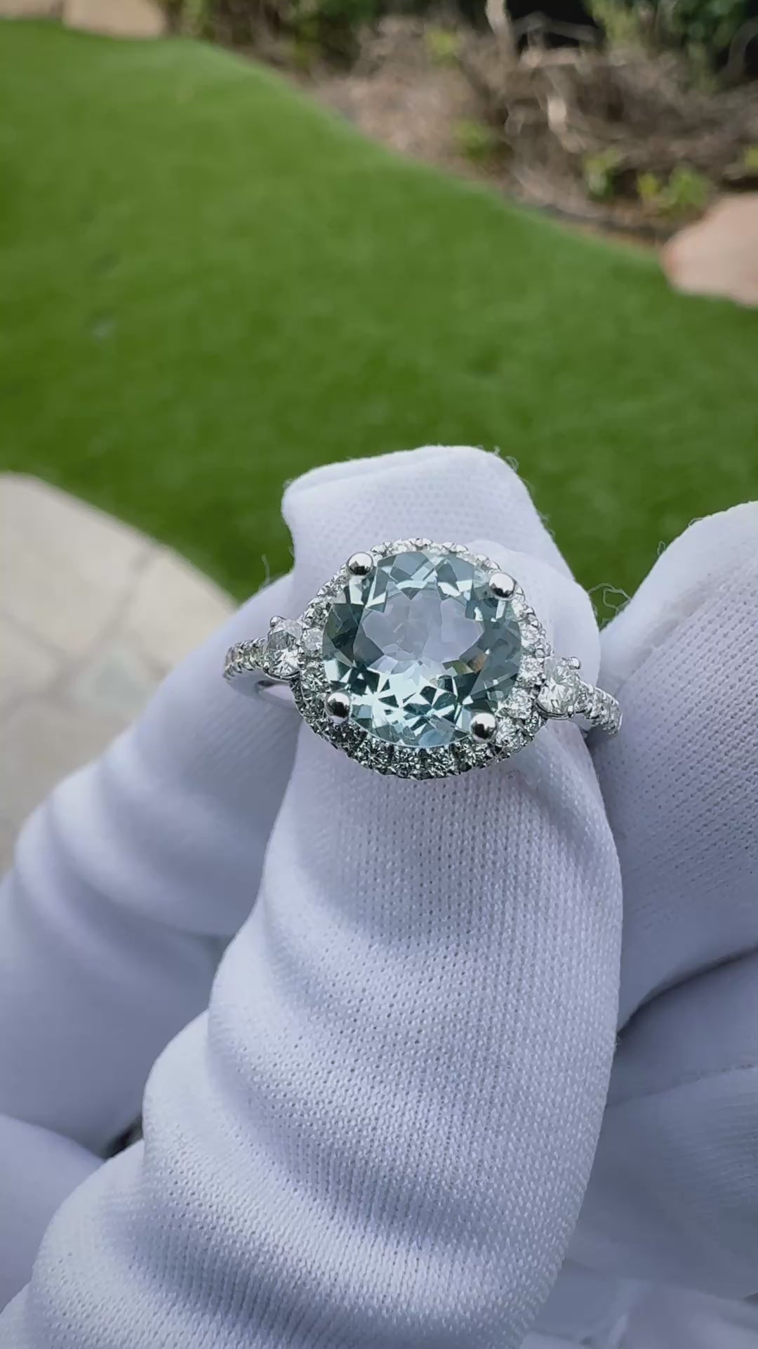 Natural Faceted Round AquaMarine 14k Solid White Gold with Diamond Shoulders and Halo Princess Setting 2 Carat Total Weight