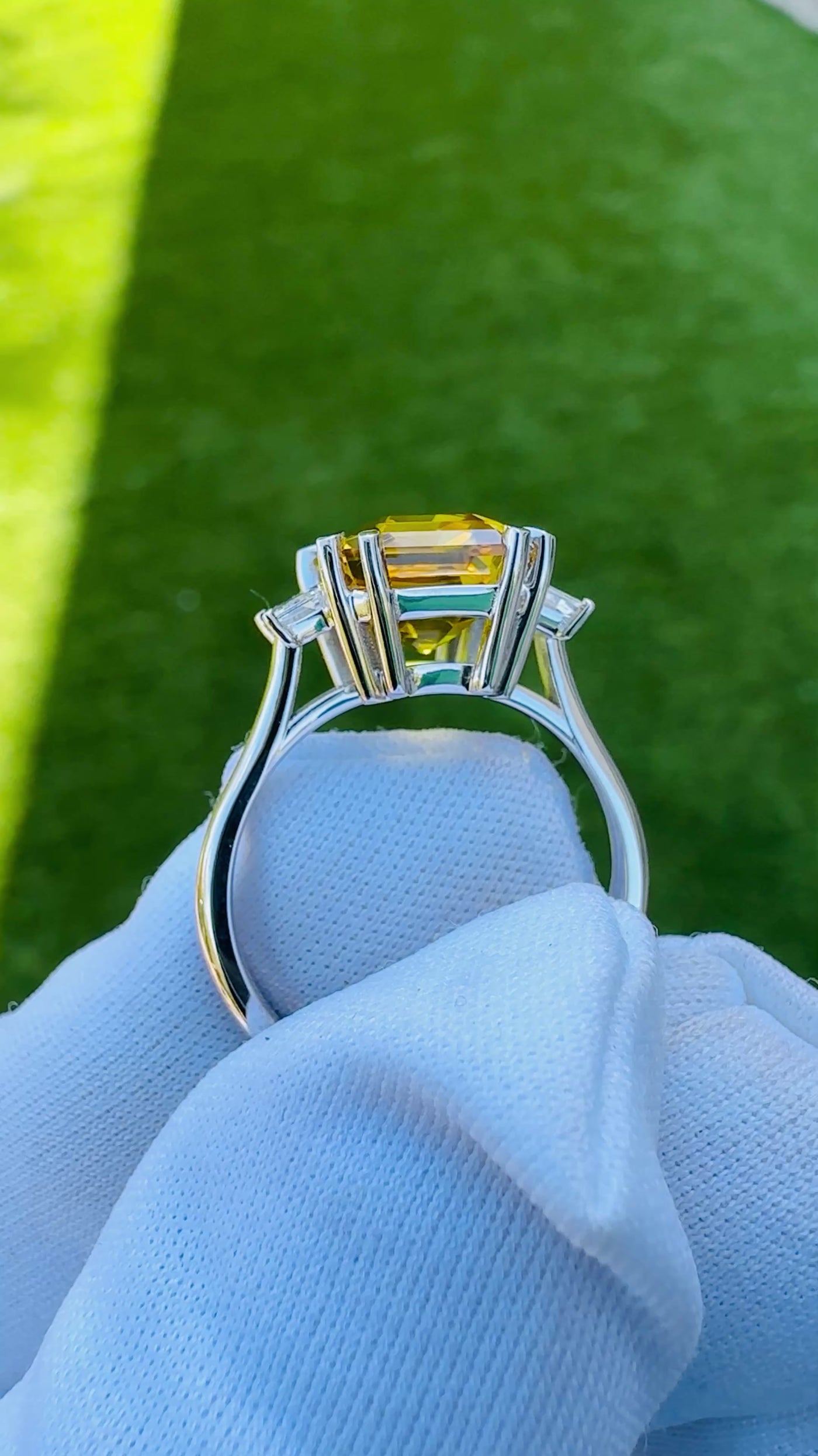 Venice Emerald Yellow Sapphire with Diamond Baguette 3 Stone Ring