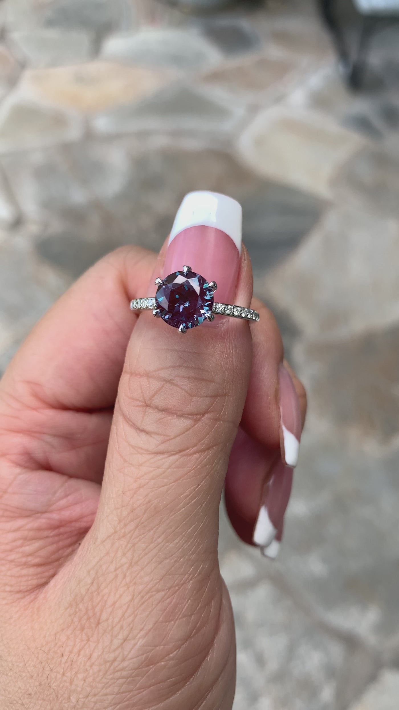 Round Alexandrite 6 Prongs Diamond Accent Ice Solitaire Ring