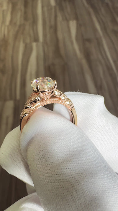 8mm Round OEC Heirloom Moissanite 14K Rose Gold Half Bead Shank and Diamond Bezel Side Ring