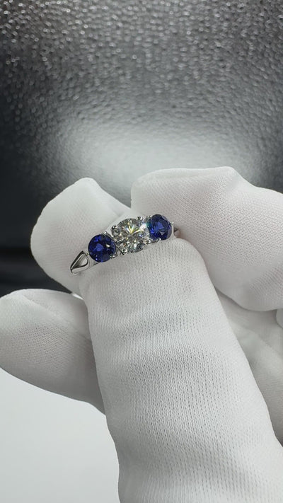 Mira Round Center Stone Blue Sapphire Side Split Shank Cathedral Hybrid Engagement Ring