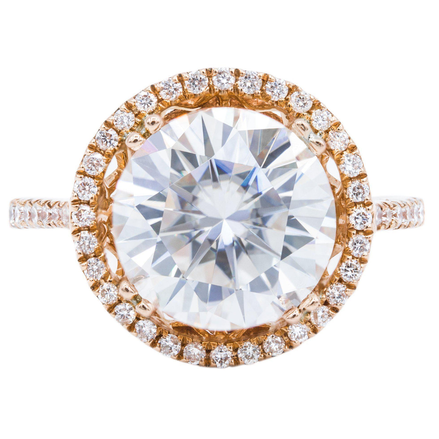 10mm Round Moissanite 14K Rose Gold 4 Double Prongs Diamond Halo and Shank Ring-Fire & Brilliance ® Creative Designs-Fire & Brilliance ®