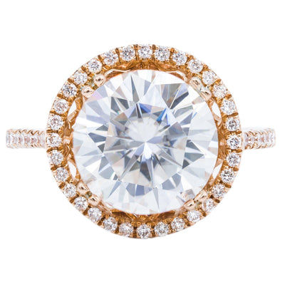 10mm Round Moissanite 14K Rose Gold 4 Double Prongs Diamond Halo and Shank Ring-Fire & Brilliance ® Creative Designs-Fire & Brilliance ®