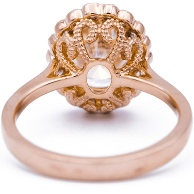 10x8mm Oval Moissanite 14K Rose Gold Halo with Milgrain Diamond Ring-Fire & Brilliance ® Creative Designs-Fire & Brilliance ®