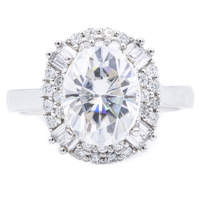 10x8mm Oval Moissanite 14K White Gold Diamond Cluster Halo Ring-Fire & Brilliance ® Creative Designs-Fire & Brilliance ®