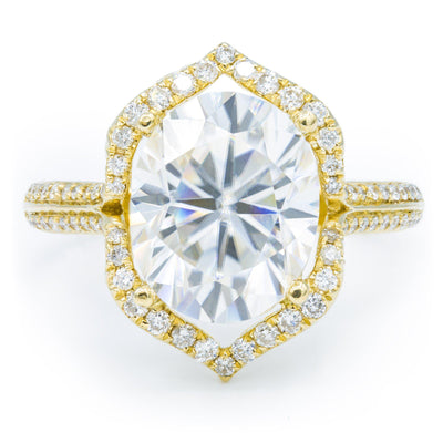 11x9mm Oval Moissanite 14K Yellow Gold Halo Diamond Accent Ring-Fire & Brilliance ® Creative Designs-Fire & Brilliance ®