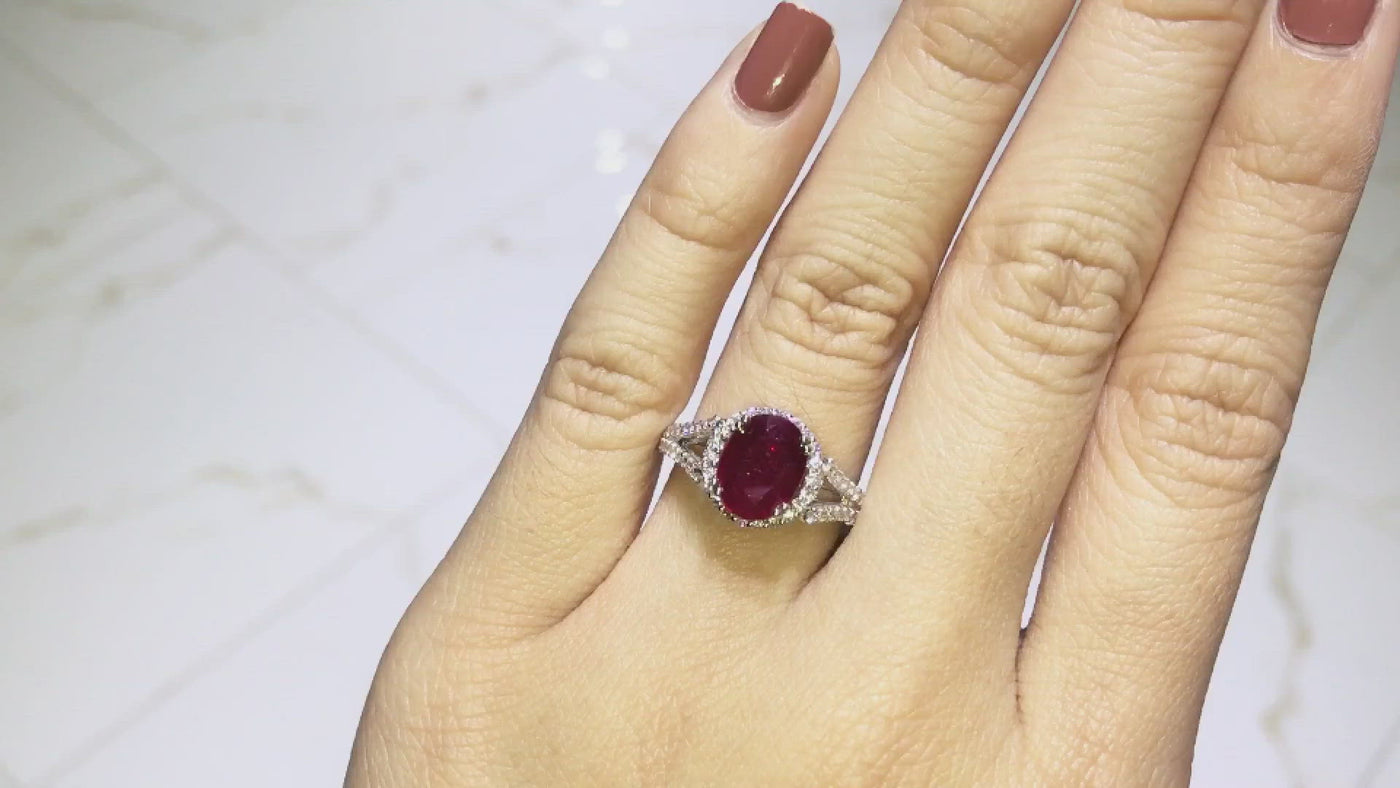 Natural Oval Ruby 14k Solid White Gold with Diamond Halo and Shoulders Heart Design 2.75 Carat Total Weight