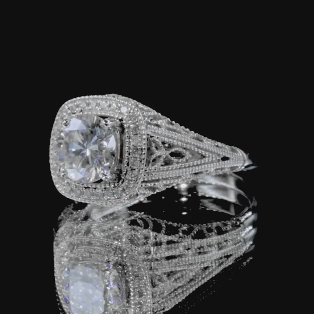 7mm Round Moissanite 14K White Gold Diamond Halo Milgrain Detail Ring