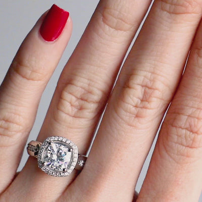 Melody Cushion Moissanite Posh Cathedral Diamond Halo 4 Prong Engagement Ring