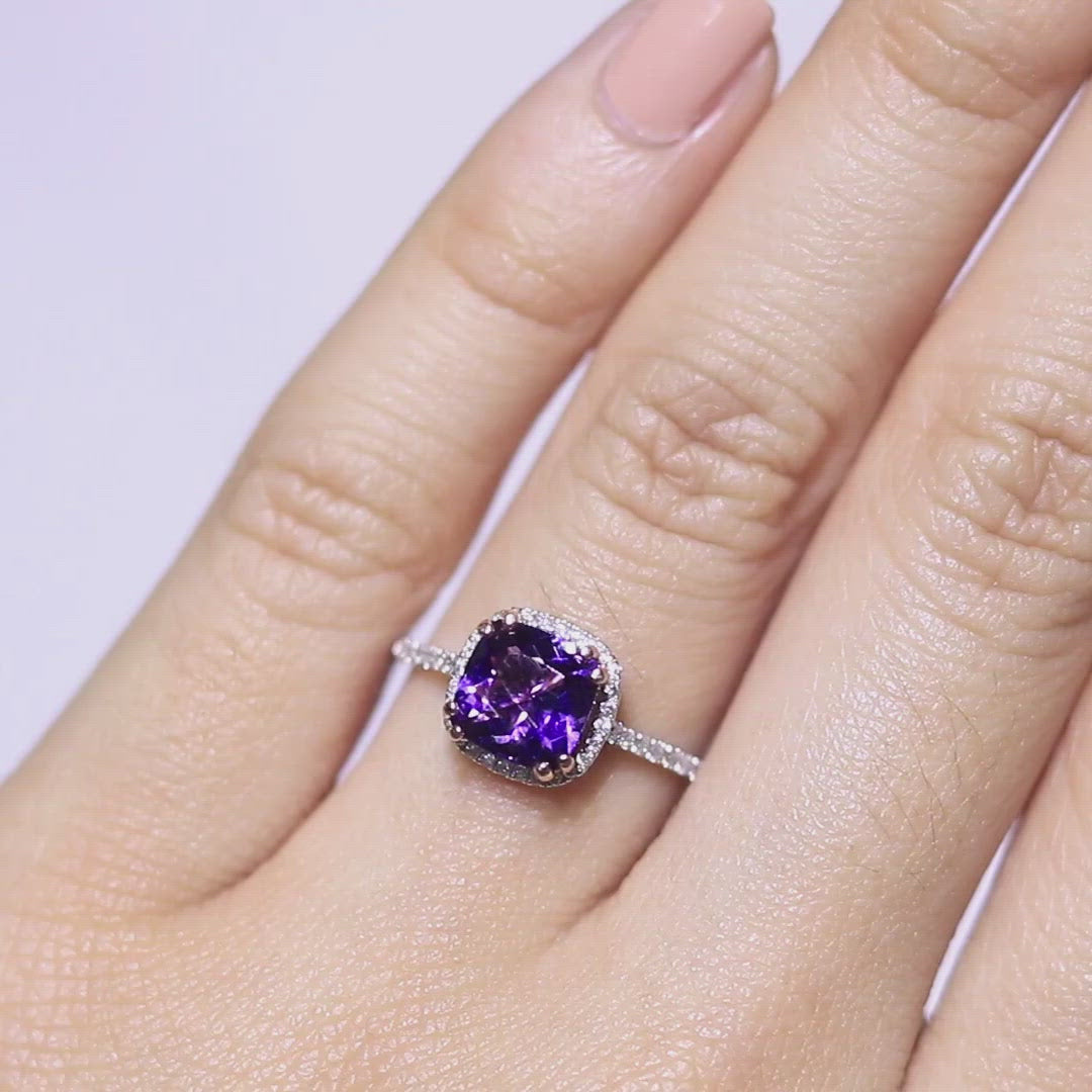 Natural Cushion Amethyst 14k Solid Two-Tone White Gold Band & Rose Gold 4 Prongs with Diamond Halo Ring 1.55 Carat Total Weight