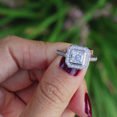 5mm Princess Moissanite 14K White Gold Diamond Halo Shank Ring