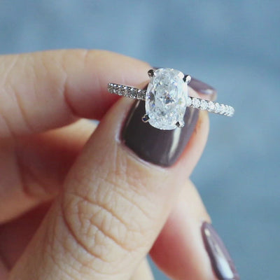 Elongated Skinny Cushion Crushed Ice Moissanite 4 Prongs Diamond Accent Ice Solitaire Ring