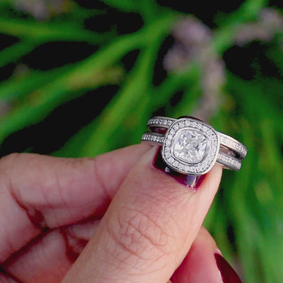 6mm Cushion Moissanite 14K White Gold Engagement Ring And Wedding Band Set