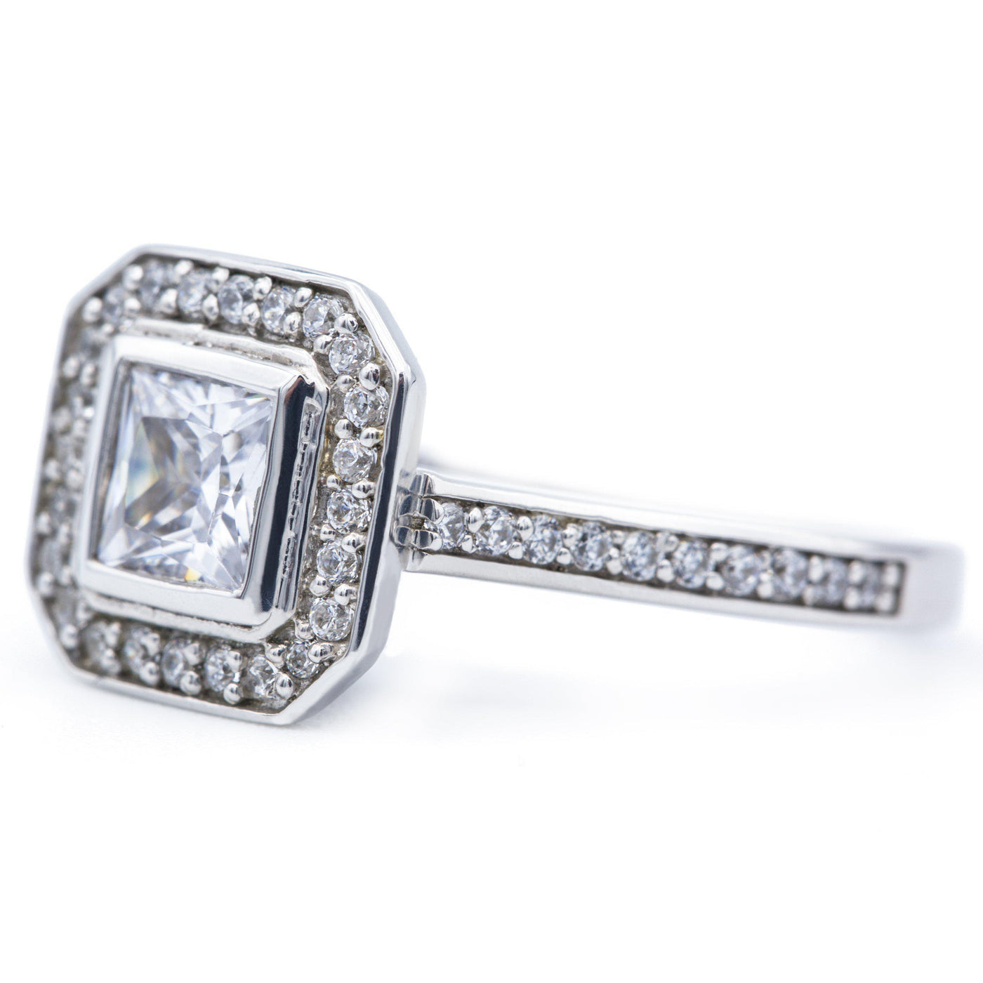 5mm Princess Moissanite 14K White Gold Diamond Halo Shank Ring-Fire & Brilliance ® Creative Designs-Fire & Brilliance ®