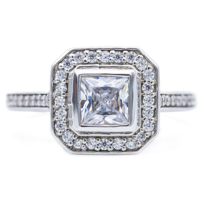 5mm Princess Moissanite 14K White Gold Diamond Halo Shank Ring-Fire & Brilliance ® Creative Designs-Fire & Brilliance ®
