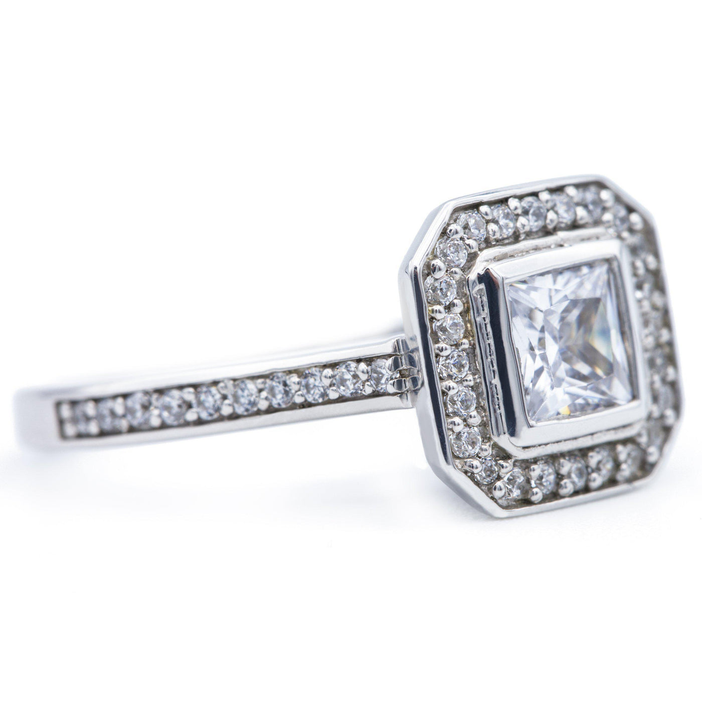 5mm Square Moissanite 14K White Gold Bezel Halo Ring-Fire & Brilliance ® Creative Designs-Fire & Brilliance ®