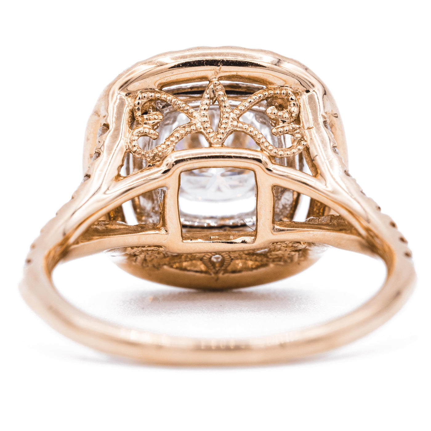 6.0mm Cushion Moissanite 14K Rose Gold Halo Ring-Fire & Brilliance ® Creative Designs-Fire & Brilliance ®