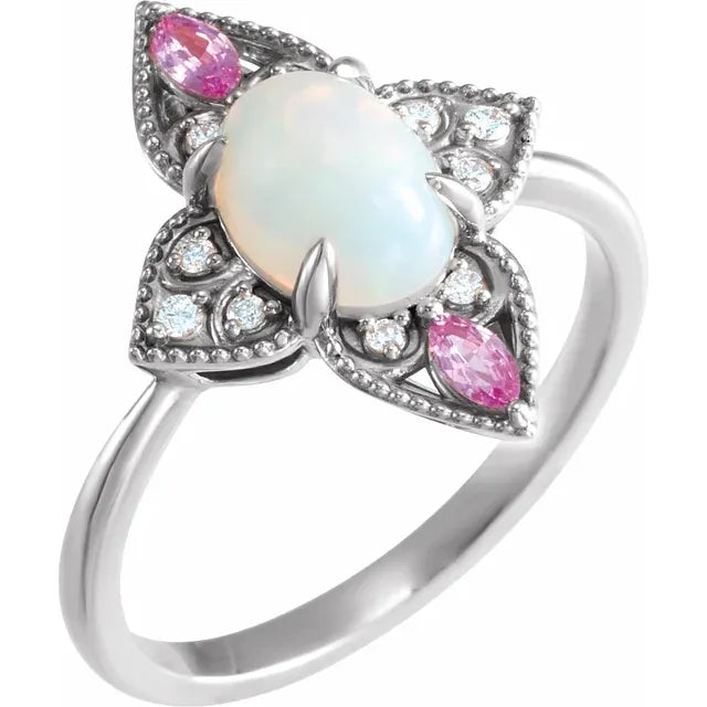 Natural Ethiopian Opal with Pink Sapphire and Diamond Vintage Ring
