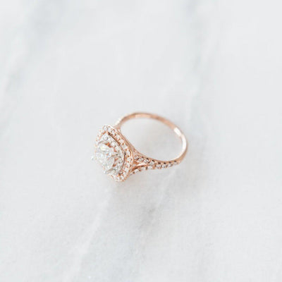 6.5mm Cushion Hearts & Arrows Cupid Moissanite 14K Rose Gold Halo Ring-Fire & Brilliance ® Creative Designs-Fire & Brilliance ®