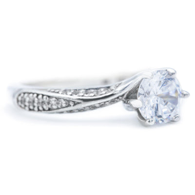 6.5mm Round Moissanite 14K White Gold 6 Prong Bypass Ring-Fire & Brilliance ® Creative Designs-Fire & Brilliance ®