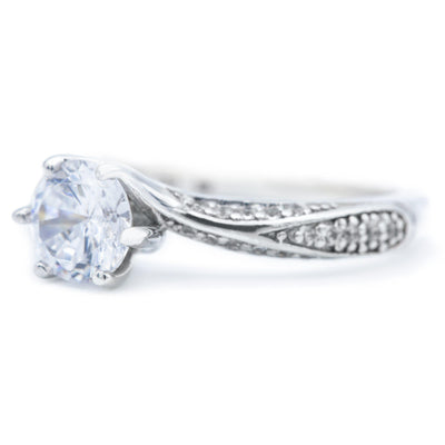 6.5mm Round Moissanite 14K White Gold 6 Prong Bypass Ring-Fire & Brilliance ® Creative Designs-Fire & Brilliance ®