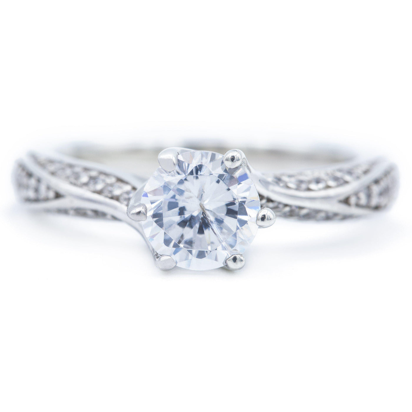 6.5mm Round Moissanite 14K White Gold 6 Prong Bypass Ring-Fire & Brilliance ® Creative Designs-Fire & Brilliance ®